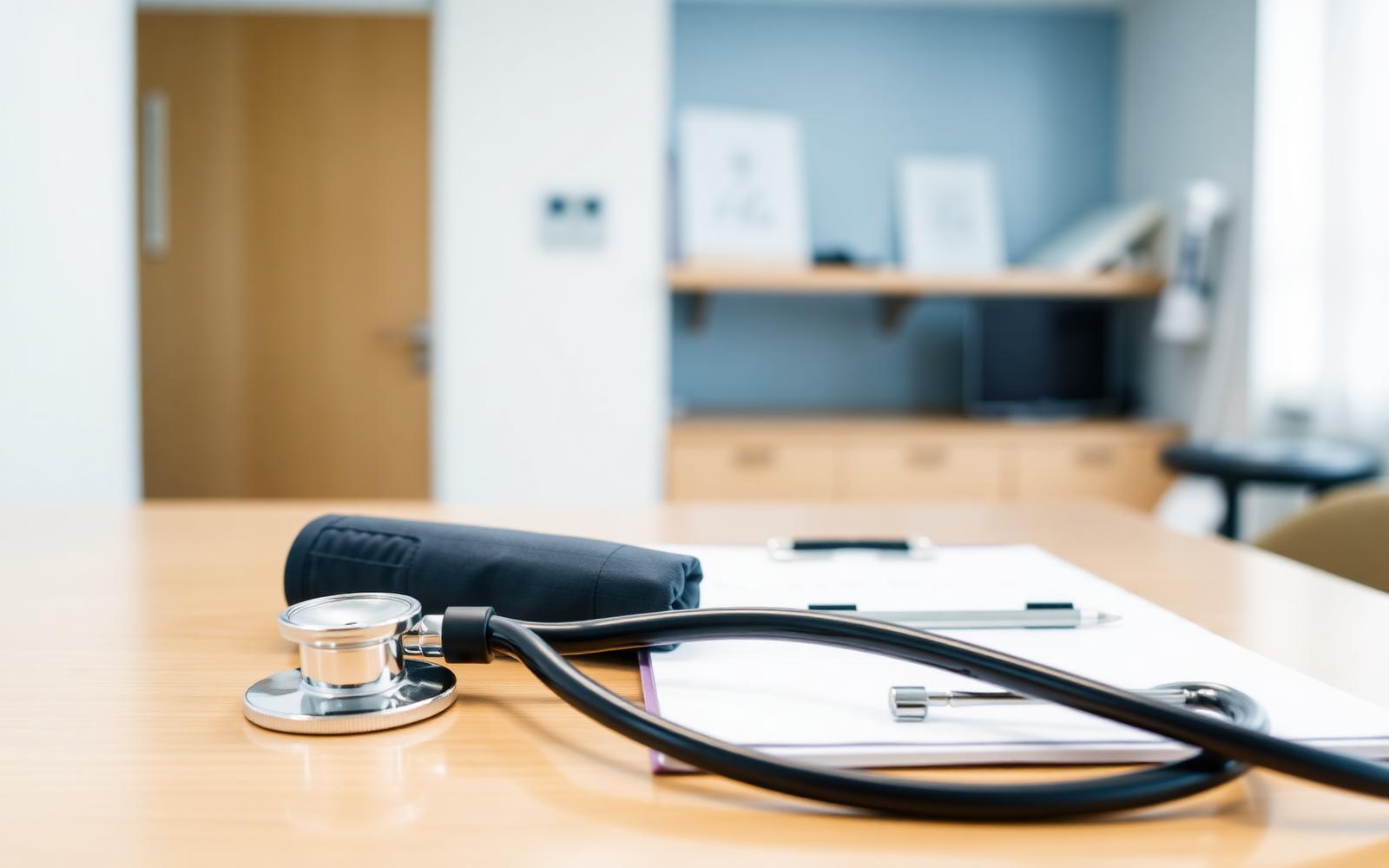 Stethoscope, blood pressure cuff, and clipboard on a clinician's desk